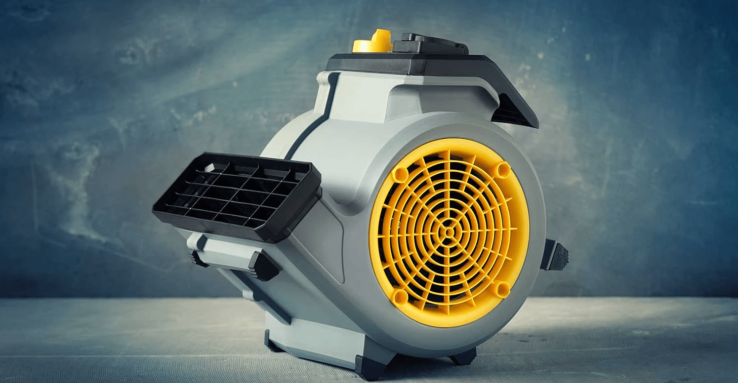 close up of an air mover in grey and yellow
