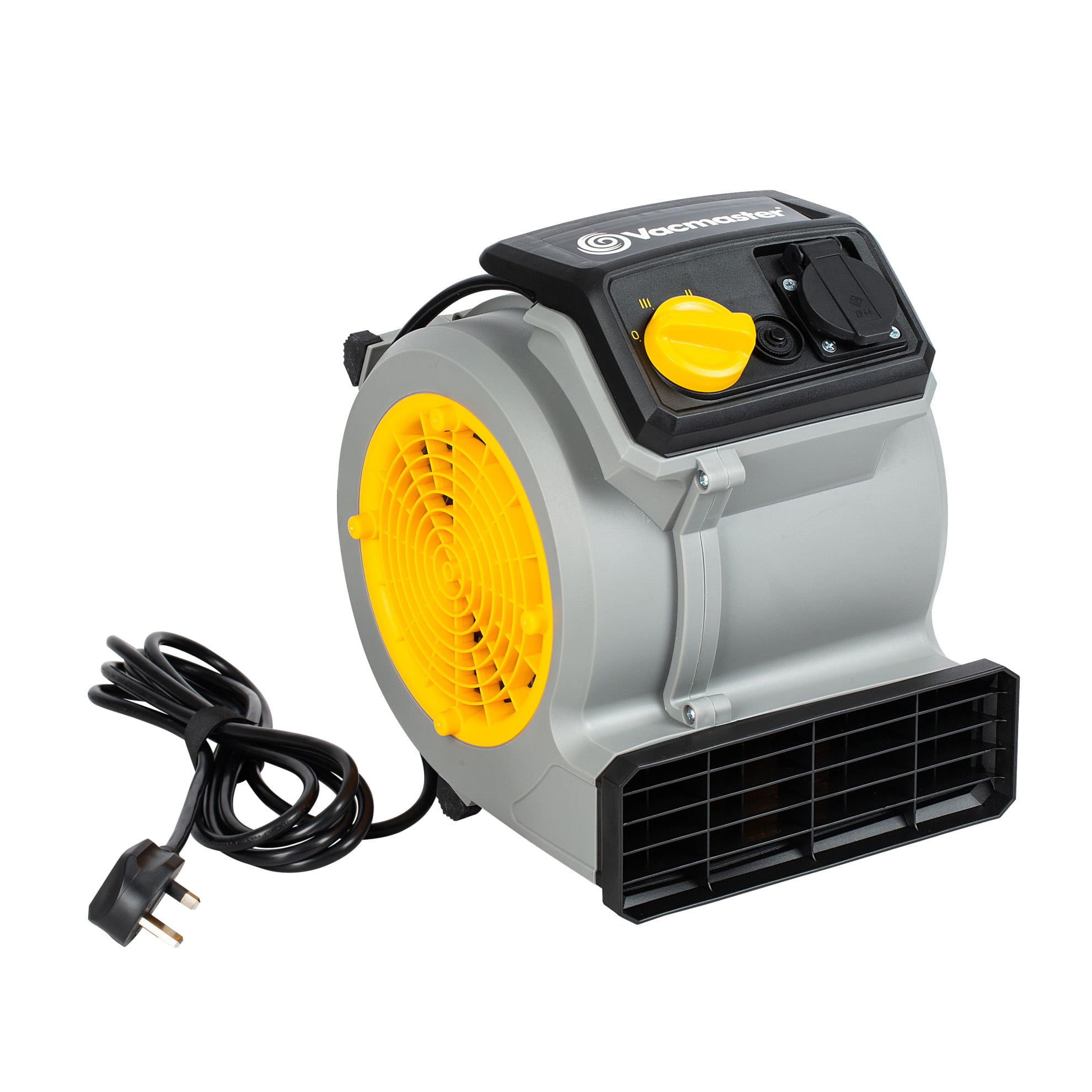 a grey and yellow air mover